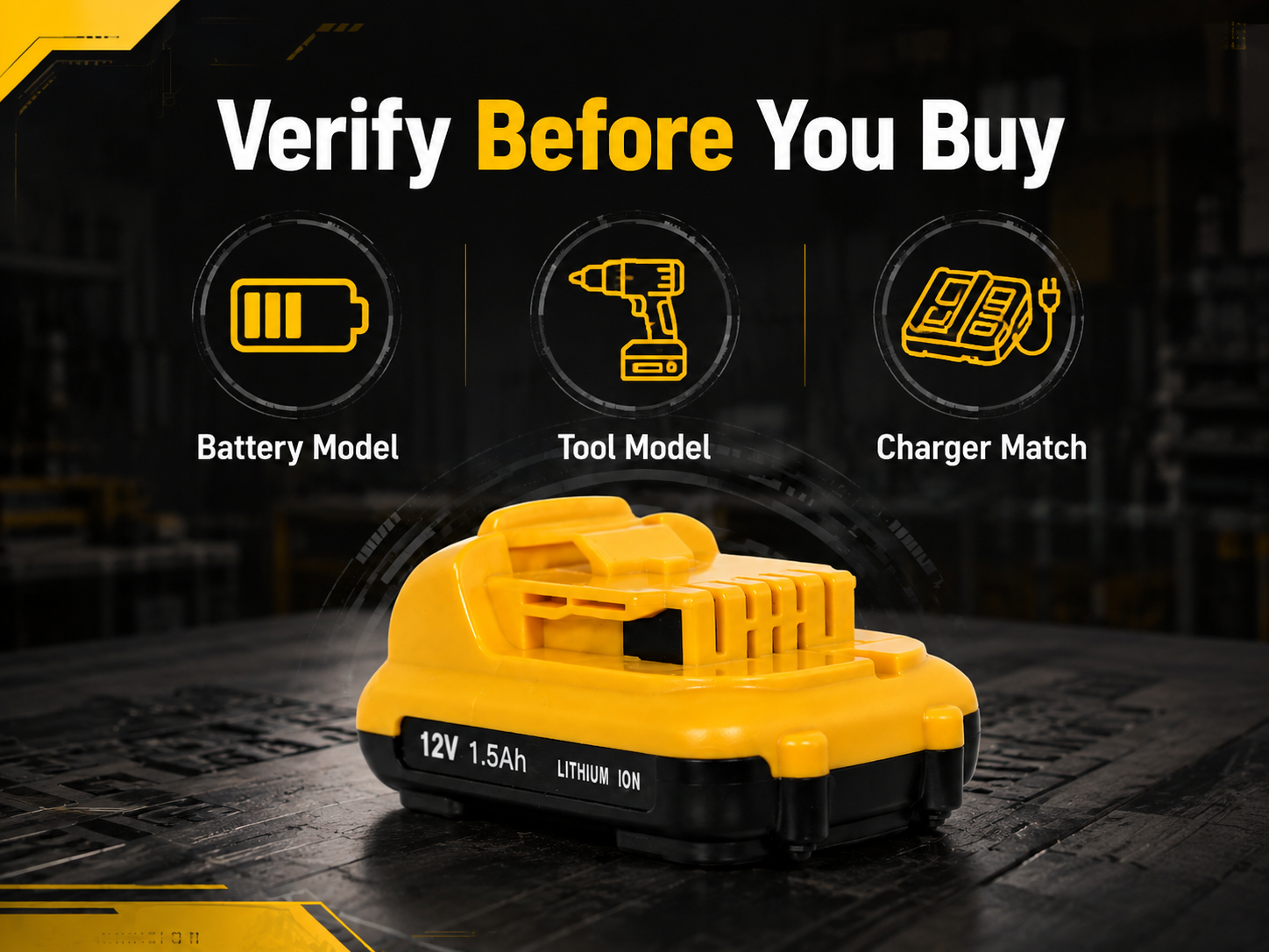 DEWALT replacement battery verification checklist with battery model, tool model, and charger match before purchase